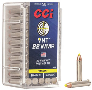CCI VNT .22 WMR 30 gr Varmint Tipped ammunition box