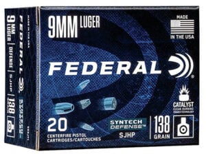 Federal Syntech Defense 9mm Luger 138 gr SJHP ammunition box and rounds