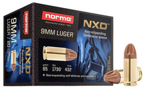 Norma NXD 9mm Luger 65 gr ammunition box, 20 rounds