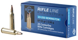 PPU Prvi Partizan 22-250 Remington 55 gr Soft Point ammunition box and cartridges