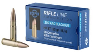 PPU .300 AAC Blackout 125 gr HPBT ammunition box and cartridges