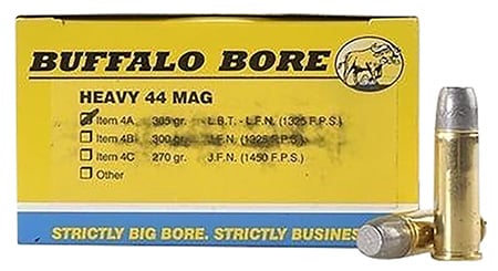 Buffalo Bore 4A20 Heavy Strictly Business .44 Magnum 305gr hard cast flat-nose ammunition box and cartridges