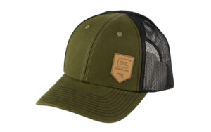 Glock Chino Mesh Hat olive green front black mesh back with sewn leather-like Glock shield patch