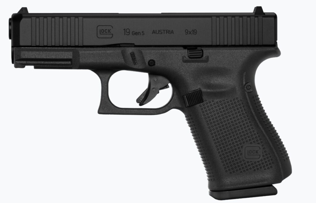 Glock G19 Gen5 9mm pistol left-side view with black nDLC slide