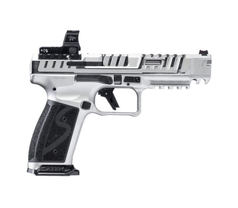 Canik SFx Rival-S 9mm 5-inch chrome steel-frame pistol with MeCanik MO2 optic and two 18-round magazines