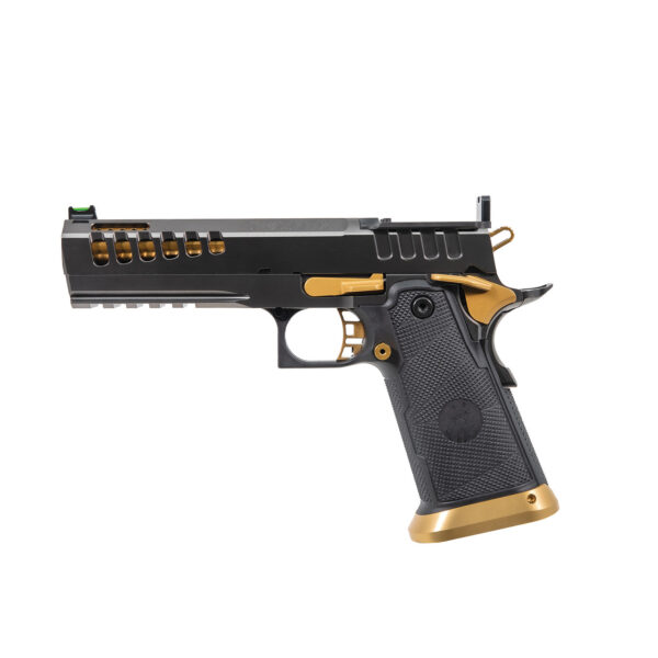 Watchtower Firearms DEMOLITIA9MM5ELITE Demolitia  Full Size Frame 9mm Luger 20+1 5" Gold Plated PVD Ported Barrel, Graphite PVD Optic Cut/Serrated Steel Slide, Graphite PVD Frame, Black Textured Grip