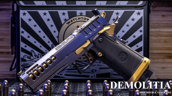 Watchtower Firearms DEMOLITIA9MM5ELITE Demolitia  Full Size Frame 9mm Luger 20+1 5" Gold Plated PVD Ported Barrel, Graphite PVD Optic Cut/Serrated Steel Slide, Graphite PVD Frame, Black Textured Grip